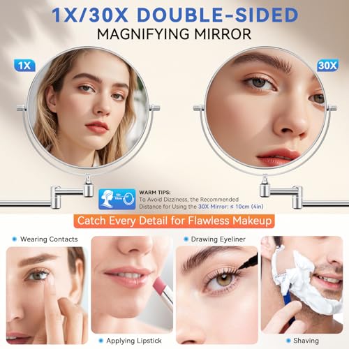 Auxmir 1X/30X Wall Mounted Makeup Mirror, 30X Magnifying Double-Sided Mirror with Tweezers, Bathroom Vanity Makeup Mirror, Cosmetic Mirror with 360 Rotation Extendable Swivel Arm, Chrome