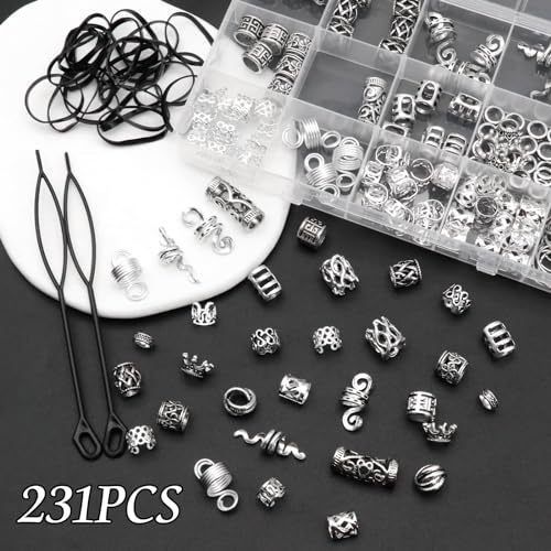 NAISKA Vikings Hair Jewelry for Braids 231Pcs Norse Runes Tube Beads Cross Snake Loc Dreadlock Accessories Non-Piercing Ear Cuffs Locs Jewelry for Women