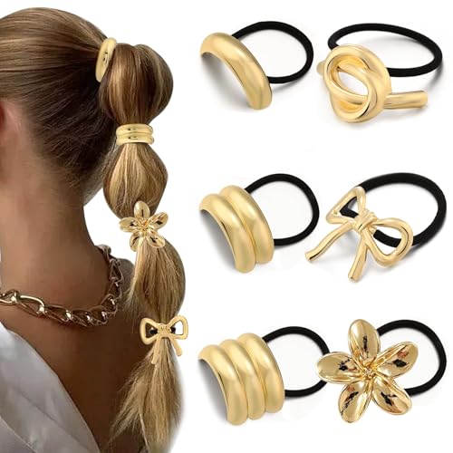 YONOY 6Pcs Gold Hair Ties,Metal Hair Ties for Thick Hair,Damage Ponytail Holders,6 Styles Hair Accessories for Women