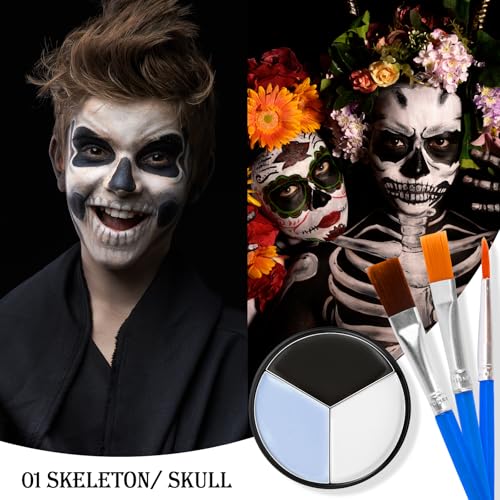 Black White Grey/Gray Face & Body Paint - Blendable Facepaint Foundation with Sponge & Brush for Skin, Professional Halloween Face Make-up Kit for Pale Zombie Skeleton Skull Mime Ghost Goth Costume