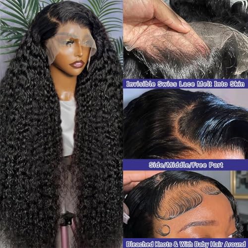 Oxcart Deep Wave Lace Front Wigs Human Hair 28 Inch 200 Density 13x6 HD Lace Frontal Wigs Pre Plucked Glueless Brazilian Virgin Human Wig with Baby Hair Deep Wave Wigs for Women Natural Black