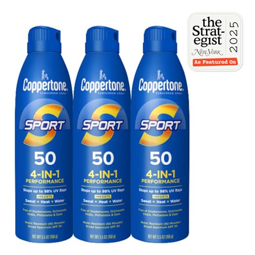 Coppertone Sport Sunscreen Spray SPF 50, Sweat, Heat and Water Resistant Sunblock, Lightweight, Oxybenzone Free, Spray Sunscreen Bulk Pack, 5.5 Oz Bottle, Pack of 3 (Packaging May Vary)