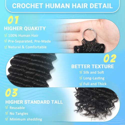Curly Human Crochet Hair for Black Women 18 Inch Knotless Crochet Human Hair Pre-Separated Crochet Braiding Human Hair Extensions 100 Strands Natural Black 125g