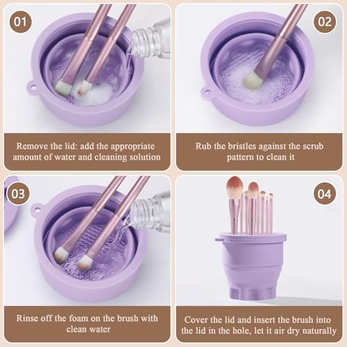 WantGor Makeup Brush Cleaner Mat with Brush Storage Holder, 3 in 1 Foldable Silicone Bowl Cosmetic Brushes Cleaning Pads Tool for Makeup Brush, Makeup Sponge, Powder Puff (Purple)