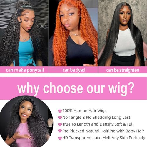 Deep Wave Lace Front Wigs Human Hair 200 Density 13x6 HD Transparent Lace Front Wigs for Women Pre Plucked Deep Curly Lace Frontal Wig Human Hair Glueless Wigs Natural Black 30 Inch