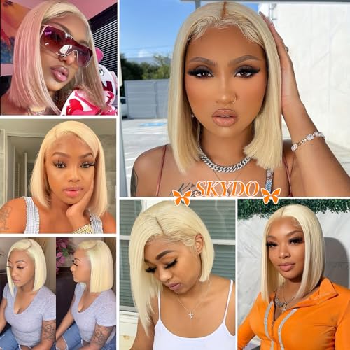 SKYDO 613 Blonde Bob Wig Human Hair 13x4 Bob HD Lace Front Wigs Human Hair 180 Density 613 Bob Wig Pre Plucked Blonde Wigs for Women 12inch