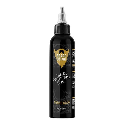 Beard Octane: Liquid Gold Beard Wash - 8 oz Beard Shampoo - Cleans & Moisturizes w/Shea & Jojoba - Softer Beards - Made in USA