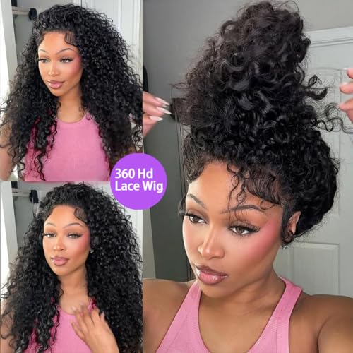 Deep Wave 360 Lace Front Wigs Human Hair Curly Wig Hidden Strap HD Full Lace Human Hair Wigs Pre Plucked with Drawstring 180% Density Deep Curly 360 Glueless Wigs Human Hair for Women 24 Inch