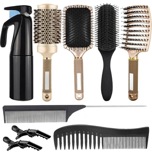 Aozzy 8Pcs Curly Hair Brush Set, Hair Brushes for Women, Round Brush for Blow Drying, Paddle Brush, Fit for Detangling Wet Long Thick Hair, Spray Bottle for Curly Wavy Hair, Family Daily Care (Golden)