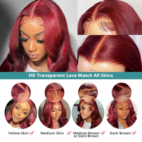 Allove 99j Burgundy Lace Front Wigs Human Hair Pre Plucked 180% Density 26inch Body Wave Lace Front Wigs Human Hair with Baby Hair 13x4 Glueless HD Transparent Frontal Human Hair Wigs For Women
