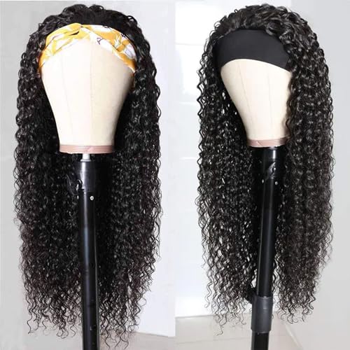Headband Wig Deep Wave Human Hair Wigs Virgin Hair Brazilian Remy Hair Glueless Non Lace Front Wig for Black Women Wear and Go Wigs Deep Curly Wave Headband Wig (30 Inch, Natural Color)