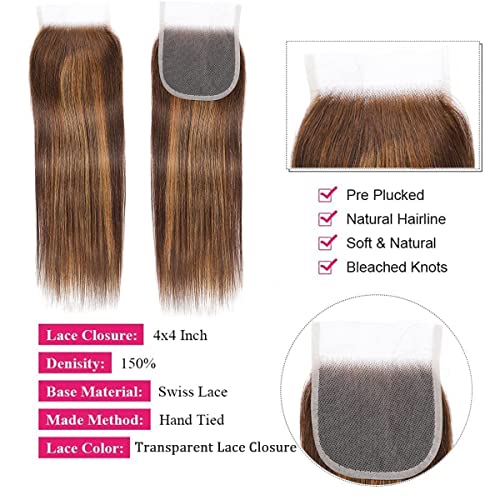 Haha P4/27 Honey Blonde Highlight Human Hair Bundles With Lace Closure 4x4 Brown Blonde Ombre Straight Bundles With Closure Colored Brazilian Raw Human Hair Weave Sew In Extensions 18 20 22+16 Inch