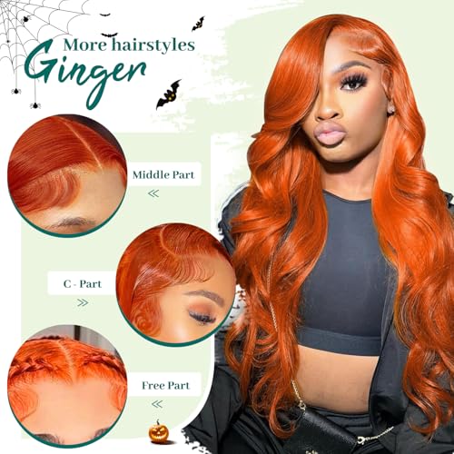 30 Inch 13x4 Ginger Lace Front Wigs Human Hair Pre Plucked Ginger Body Wave Human Hair Wig 200 Density Orange HD Lace Frontal Wigs For Women Color Wigs Human Hair
