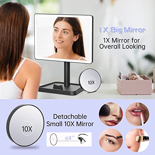FUNTOUCH Rechargeable Makeup Vanity Mirror with Lights, Large Lighted Desk Makeup Mirror with 96 LED Lights and 10x Magnifying, 3 Color Lighting, Make up Light Mirror with Phone Holder