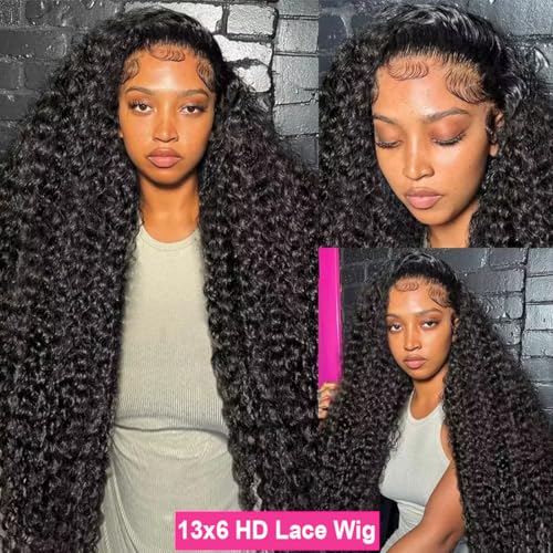 BELE 13x6 Deep Wave Lace Front Wigs Human Hair 26 Inch 200% Density Deep Curly Lace Front Wigs Human Hair Brazilian Vrigin Hair Curly HD Transparent Lace Frontal Wig Pre Plucked with Baby Hair