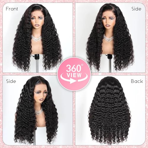 360 HD Lace Water Wave Wig Human Hair ? Hidden Strap Glueless Wig for Women, Pre Plucked Natural Hairline, Bleached Knots, Beginner Friendly, Invisible Secure Fit, 250% Density, Natural Black
