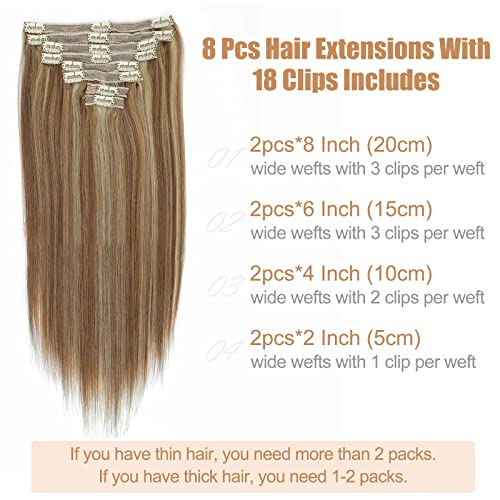 Hair Extensions Clip in Human Hair Chestnut Brown Mixed Blonde Natural Hair 8pcs 120g Remy Human Hair Extensions Clip in Thick Hair Extensions for Woman(6/613,24inch)