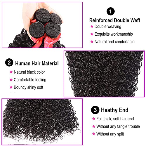 10A Water Wave Bundles with Closure (26 28 30+20) Wet and Wavy Brazilian Virgin Human Hair 3 Bundles with 4x4 Lace Closure with Baby Hair Free Part 1B# Curly Wave Human Hair Extensions