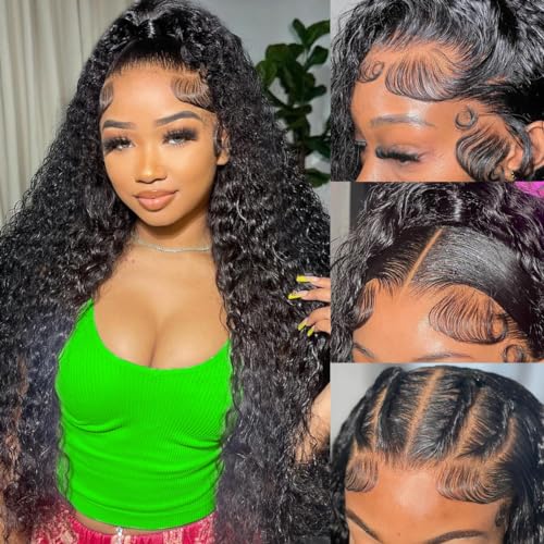 Bling Hair 13x6 Deep Wave Lace Front Wigs Human Hair 180% Density Glueless Wigs Pre Plucked Lace Frontal Wigs Human Hair HD Lace Frontal Wigs Natural Hairline Curly Wig for Women 34 Inch