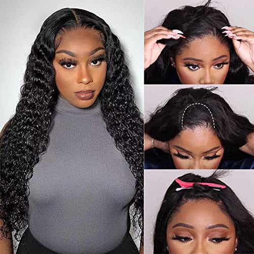 U Part Wigs Human Hair for Black Women Deep Wave Human Hair Brazilian Hair Full Head Clip in Half Wig V Part Glueless Wigs Human Hair Pre Plucked U Shape Wigs (Natural Black, 26 inch)
