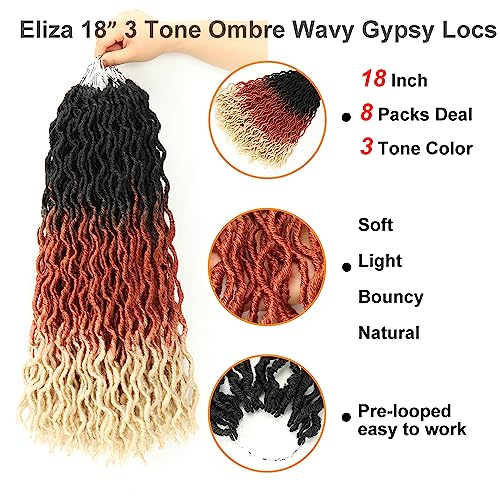 Eliza 18 Inch Wavy Gypsy Locs Ombre White Soft Locs Crochet Hair 8 Packs Goddess Faux Locs Crochet hair for Black Women African Roots Synthetic Braiding Hair Extensions(18",8 Packs, OM3T30613)
