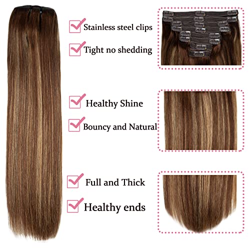 Clip in Hair Extensions Human Hair 120g Real Human Hair Extensions Clip in Balayage Chocolate Brown to Caramel Blonde 8PCS Clip in Straight Remy Hair Extensions (14 inch, 4/27/4)