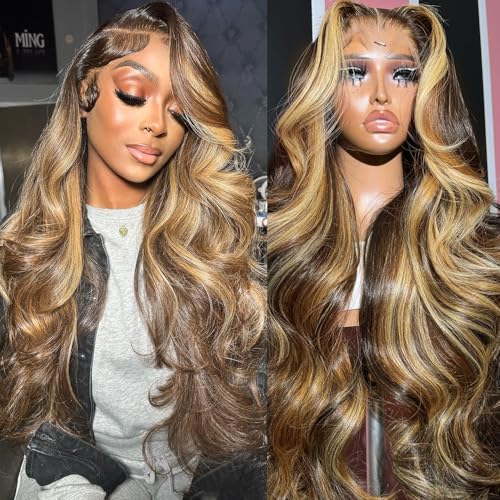 28 Inch Highlight Ombre Lace Front Wigs Human Hair 13x6 Body Wave Frontal Wigs Pre Plucked With Baby Hair 180% Density 4/27 Colored Honey Blonde Wig Human Hair for Women