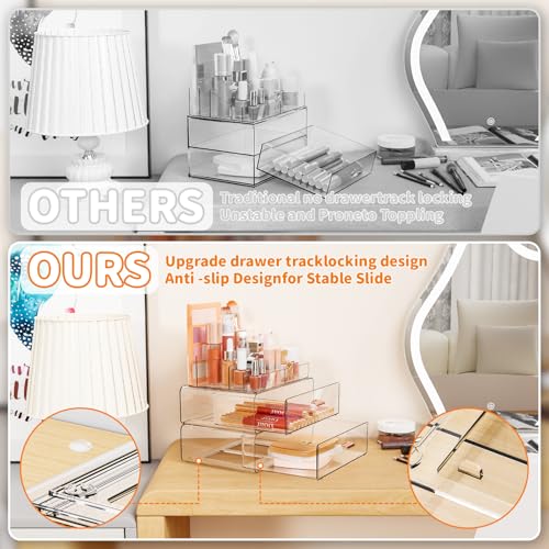 Yieach Clear Acrylic Makeup Organizer Countertop With Drawer,3 Tier Large Skincare Organizer for Vanity,Plastic Bathroom Cosmetic Storage Organizer for Lipstick,Makeup Brush,Palette,Beauty Products