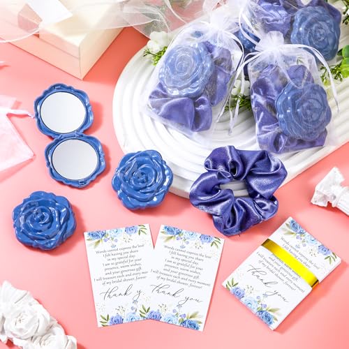 XunYee 30 Sets Bridal Shower Favors for Guests 30 Rose Compact Mirror Bulk 30 Hair Ties Satin Elastic Scrunchies 30 Thank You Card and Organza Bags Souvenir Gift for Wedding Party Favors (Dusty Blue)