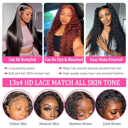 Deep Wave Lace Front Wigs Human Hair Curly Wig,13x4 HD Lace Front Wigs Human Hair Pre Plucked,150% Density 10A Human Hair Lace Front Wigs Water Curly Wig For Black Women With Babyhair(30 inch)