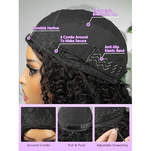 22Inch Half Wig Human Hair Kinky Curly 250% Density 3 In 1 Seamless Flip Over Half Wig for Women Glueless Wear and Go Drawstring Wig Human Hair Natural Black Beginner Friendly