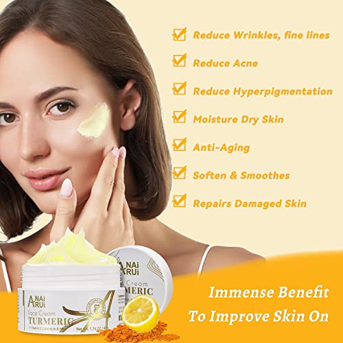 ANAI RUI Facial Moisturuzier, Turmeric Face Cream with Vitamin C for Hydrating, Firming, Tightening Skin, Turmeric Vitamin C Cream for Dark Spots, Dry Skin, 1.76 OZ