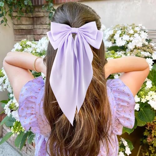 Hair Bows Silky Satin Bows for Hair Ribbons 4Pcs Coquette Oversized Long Tail Hair Bow Clips Barrettes Big Bowknot Hair Accessories for Women Girl Trendy Stuff Gifts (Pink Purple)
