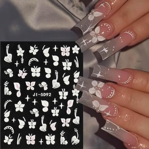 5D Embossed White Flowers Nail Stickers, 5 Sheets Self-Adhesive Floral Nail Decals, Spring Rose Butterfly Nail Art, 3D Acrylic Flowers for Manicure Decor