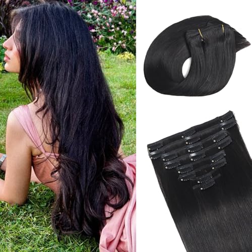 Remy Hair Extensions clip ins Hair Etensions for Women 1b Black Double Weft Natural Hair Extensions Straight 8Pcs Soft and Thick 24inch 110g