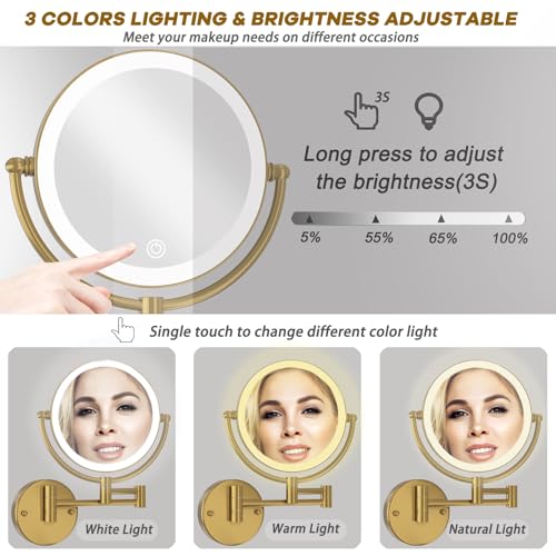 Hardwired Bathroom Makeup Mirror Wall Mount Gold, Double Sided 1/10X Magnifying Make up Mirror with Lights 3 Color & Adjustable Brightness, 360 Swing Arm Shaving Mirror, Brushed Moderne Brass