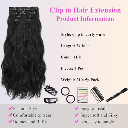 24 Inch Clip in Hair Extensions 4 Pcs - Curly Wave hair Extensions Clip Ins, Soft Natural Look Synthetic Fiber, Tangle Free, Lightweight, Long Use with Secure Invisible Clips, Daily Wear(1B)