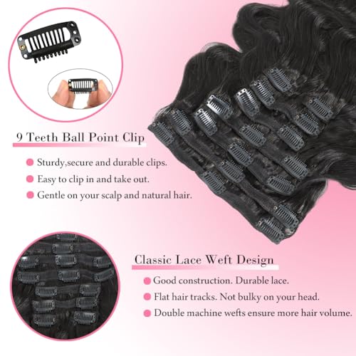 Body Wave Clip in Hair Extensions Real Human Hair, 8Pcs 120g Wavy Human Hair Clip in Extensions for Women 12A Brazilian Virgin Wavy Human Hair Extensions Clip ins Natural Black (#1B,16 Inch)