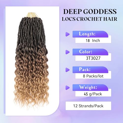 18 Inch Goddess Locs Crochet Hair 8 Packs New Soft Faux Locs Crochet Braids Deep Wave Pre Looped Hair Extensions for Black Women(3T3027/8PCS/18inch)