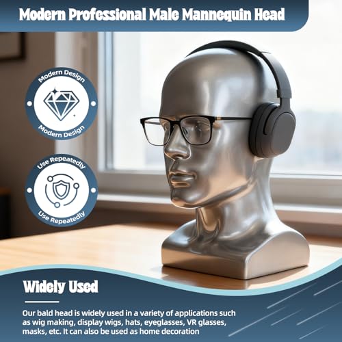 Male Mannequin Head, Metallic Gray Male Mannequin Head with Stand Professional Manikin Head, Bald Training Head for Display Wigs (Gray)