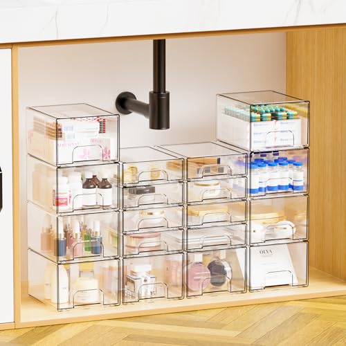 Yieach 4 Pack Clear Stackable Storage Drawers,4.4'' Tall Acrylic Drawer Containers for Organizing,Bathroom Organizers and Storage Bin Box,Plastic Makeup,Medicine Organizer Bins for Cabinet,Undersink