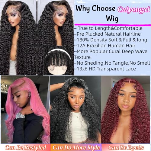 Deep Wave Lace Front Wigs Human Hair 13x6 HD Lace Front Wigs for Black Women 34 Inch Curly Frontal Wig Pre plucked Wet and Wavy Glueless Wig with Baby Hair 180% Density Natural Color