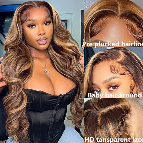 MISSJAY 24 Inch 13x6 HD Lace Front Human Hair Wig - Honey Blonde Highlight Ombre Body Wave - 180 Density for Black Women