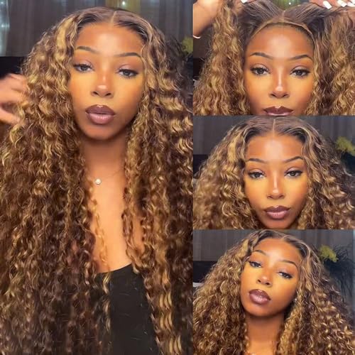 26inch Wear and Go Glueless Deep Wave 4/27 Highlight HD Transparent Lace Front Wigs Human Hair Wet and Wavy Curly Lace Frontal Wigs Pre Plucked with Baby Hair 200% Density