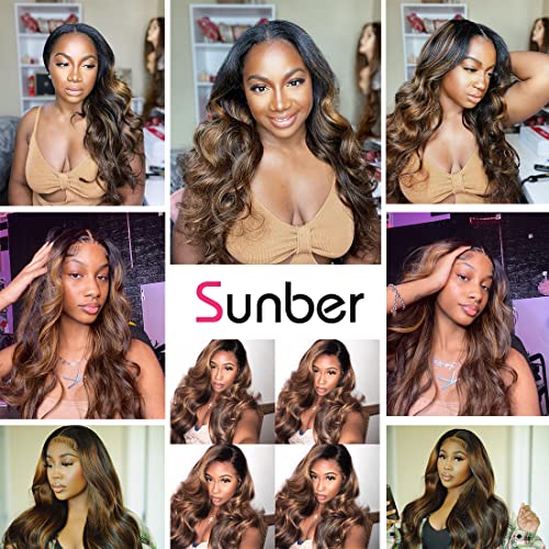 Sunber 12A Ombre Body Wave Human Hair 3 Bundles 100% Brazilian Virgin Human Hair Extensions Brown Highlight Body Wavy Weaves (12 14 16) Inch Piano Color Two Tone FB30 Color