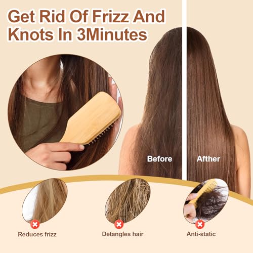 Natural Bamboo Bristles,Soft Bristle Cushion,Reduce Static Electricity,Hair Comb Teeth Round and Smooth,Promote Scalp Blood Circulation,Ergonomic Handle