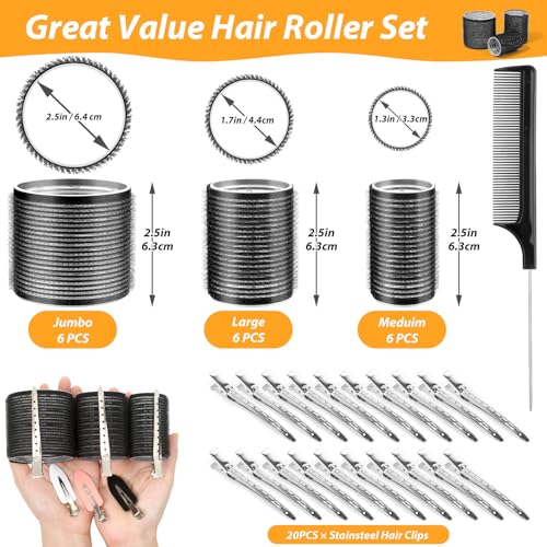 39PCS Self Grip Curlers 3 Sizes - Black 2.5in, 1.9in, 1.4in Rollers with Duckbill Clips for Long, Medium, Short, Thick, Fine Hair Volume and Bangs (Black)