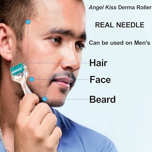 Derma Roller Real Needles - Angel Kiss 0.30mm Microneedling Roller with Case - 192 Stainless Steel Micro Needling Dermal Kit for Face, Scalp, Body - At Home Microdermabrasion Roller for Women Men