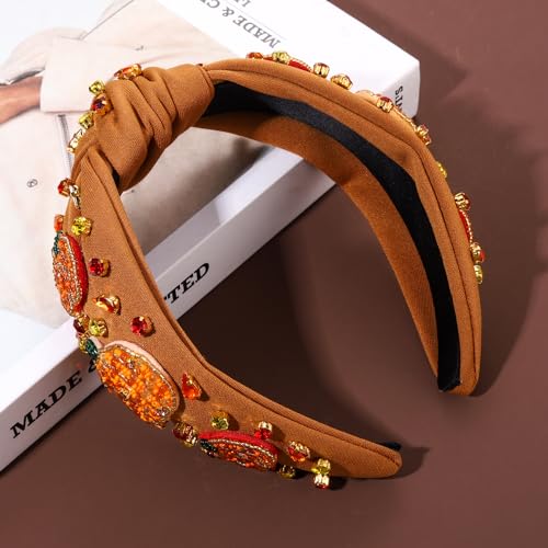 Thanksgiving Headband for Women Fall Accessories Beaded Pumpkin Headbands Jeweled Rhinestone Crystal Knotted Headband Thanksgiving Fall Hair Accessory Gifts (Pumpkin 1 - Brown)
