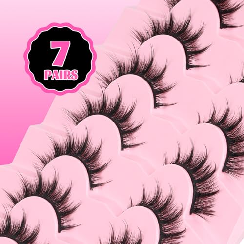 Veleasha Lashes Manga Eyelashes Cat Eye Lashes Spiky Eyelash C Curl Lash Wispy Natural Look False Eyelashes with Soft Cotton Band 7 Pairs Pack (Sunny)